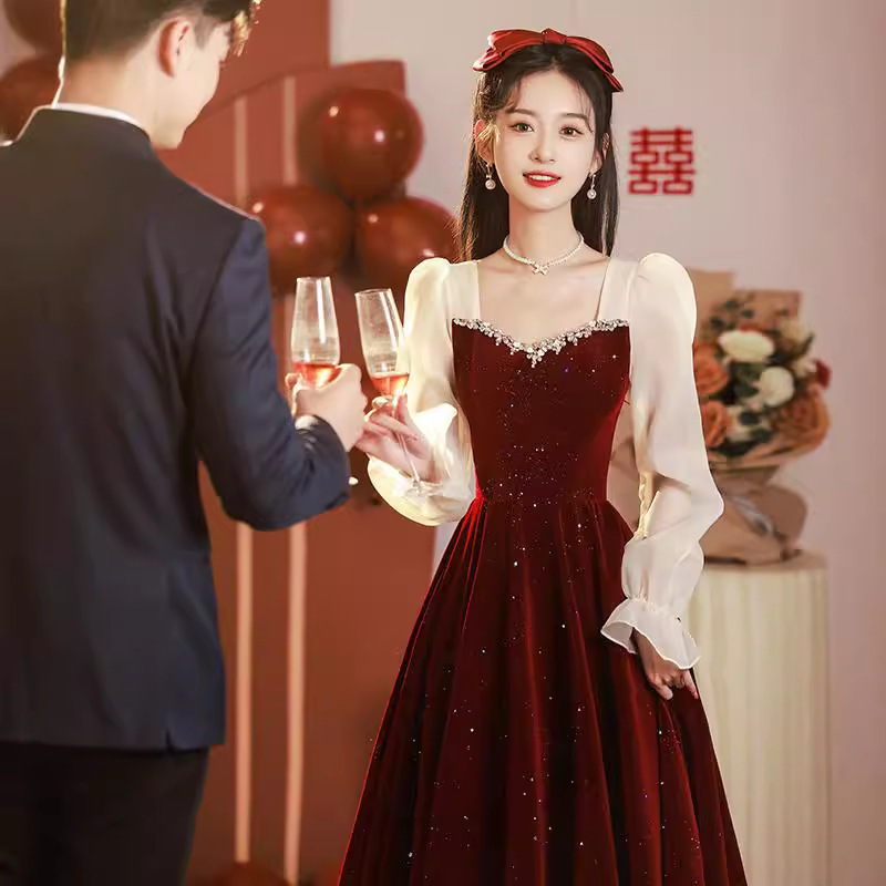 敬酒服新娘红色结婚长袖订婚礼服2025新款秋冬宴会晚礼服连衣裙