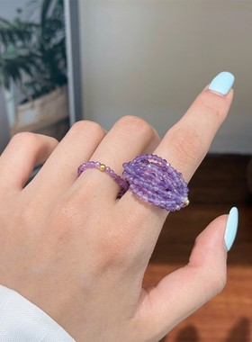 新中式禅意复古时尚多层紫水晶串珠戒指女轻奢小众925银戒子指环