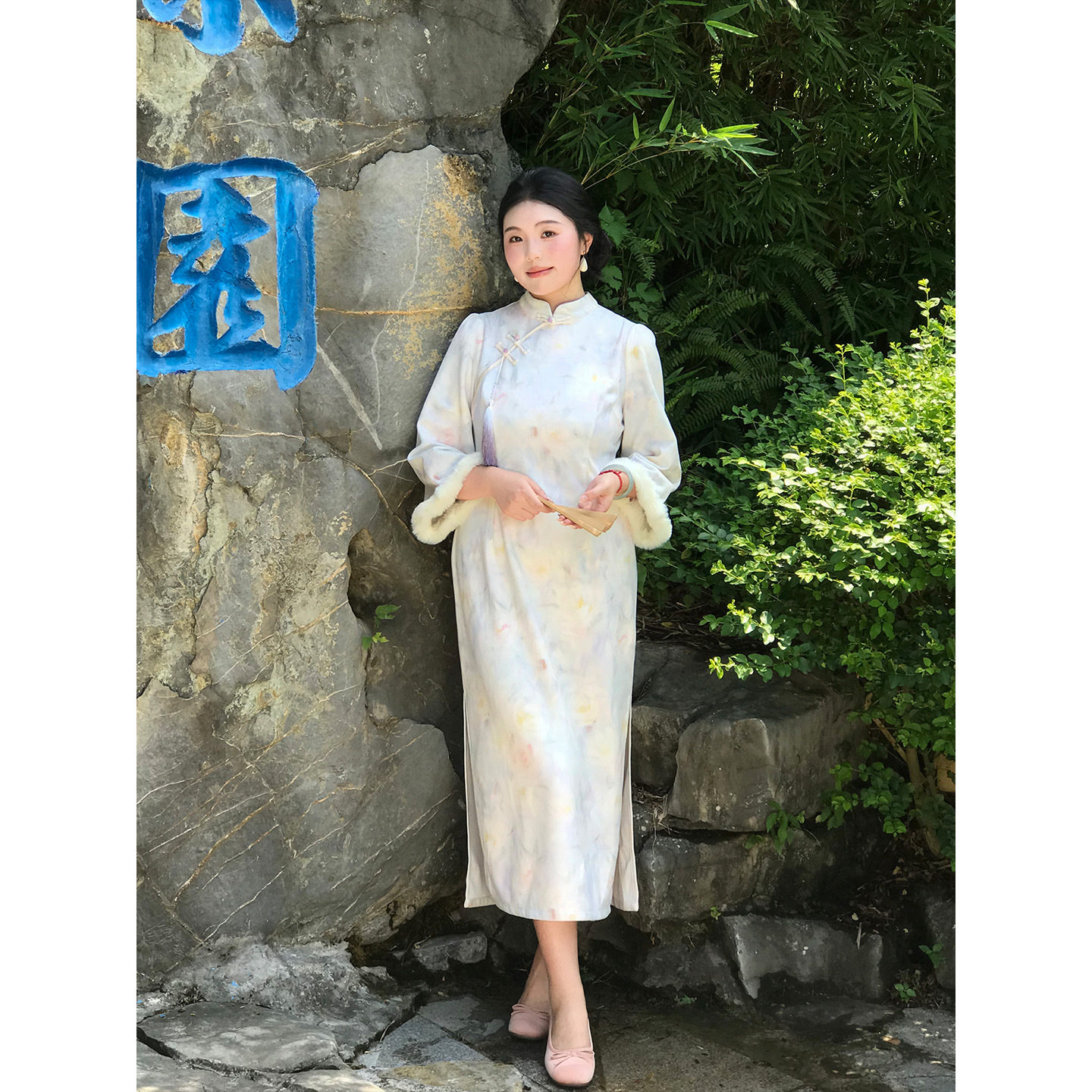 国风新中式麂皮印花裙优雅旗袍