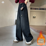 女童秋冬加绒牛仔裤2025年新款爱心挂件阔腿裤中大童复古直筒长裤，童装裤子，祺儿童装