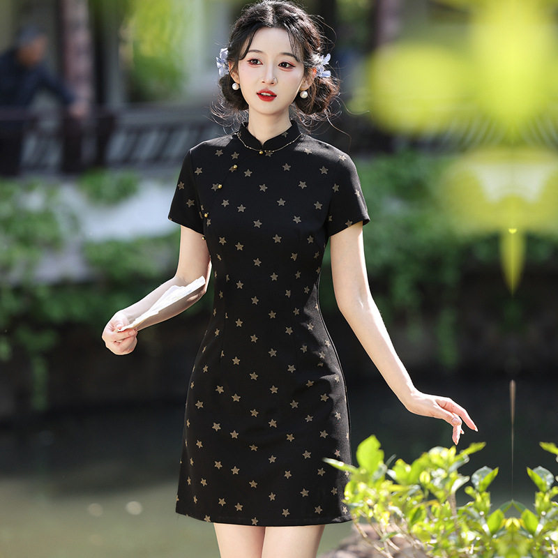 2026春夏新款弹力乱麻短款旗袍女修身中国风日常修身改良连衣裙