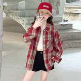 女童格子衬衫2025秋季新款翻领polo衫中大童薄款外套百搭上衣儿童，童装衬衫，祺儿童装