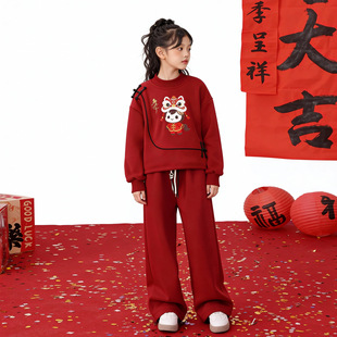 女童红色加绒卫衣套装冬季2026国风儿童拜年服女孩本命年新年衣服
