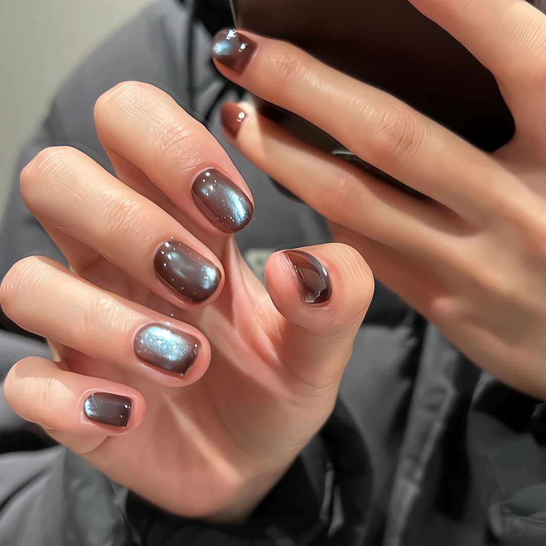 棕蓝玻璃珠追光猫眼ins显白简约气质手工美甲