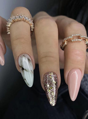 外贸杏仁甲大理石纹爆闪碎片穿戴甲辣妹欧美ins风甜酷假指甲nails