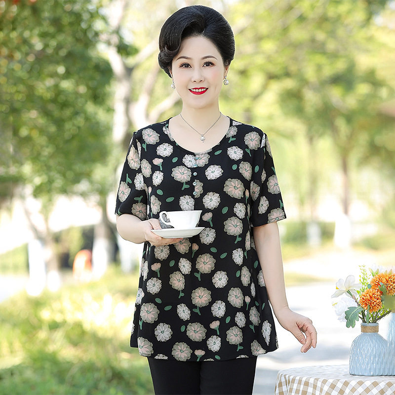 中老年女装夏雪纺衫短袖T恤