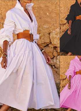 FD1072现货跨境女装时尚气质翻领长袖休闲中长连衣裙