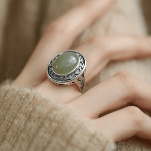 小众设计轻奢高级感复古夸张925银和田玉大宝石蛋面戒指环古风女