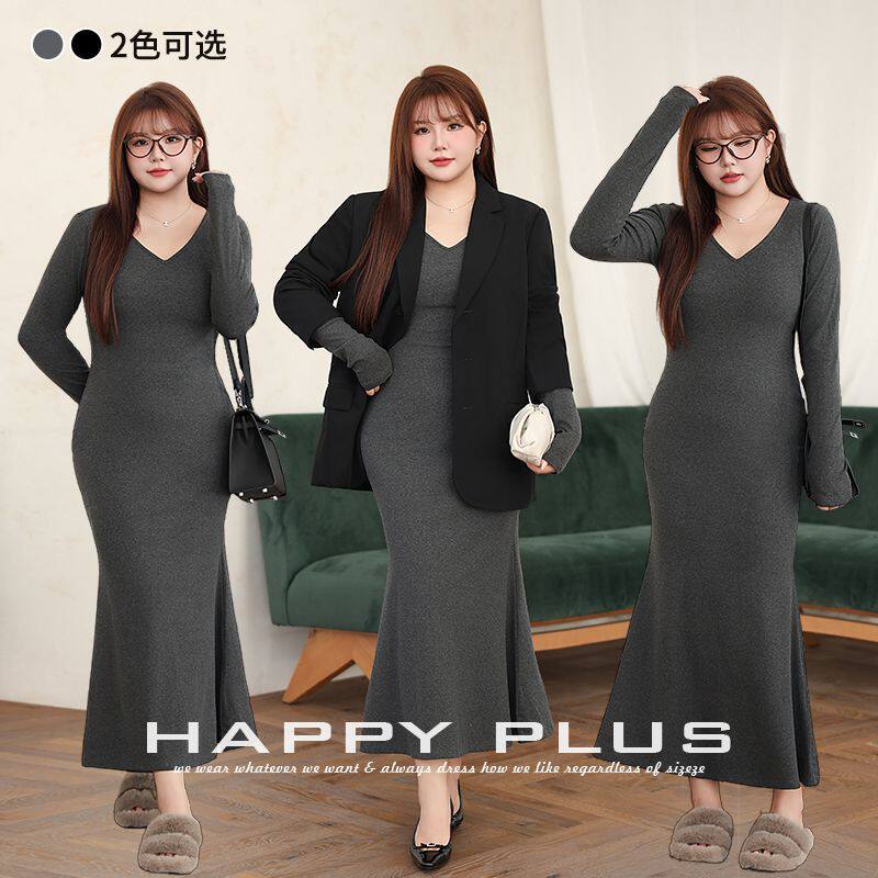happyhut加肥加大码女装200斤胖mmV领包臀鱼尾针织连衣裙法式长裙