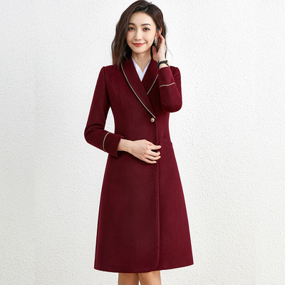 深红色毛呢大衣女中长款工作服