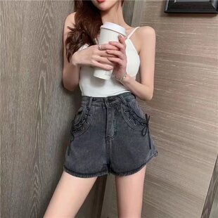 辣妹牛仔短裤女2022夏季新款美式设计感绑带黑色腰休闲阔腿裤女