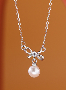 蝴蝶结粉钻珍珠项链女小众设计级感甜美少女气质锁骨链生日礼物