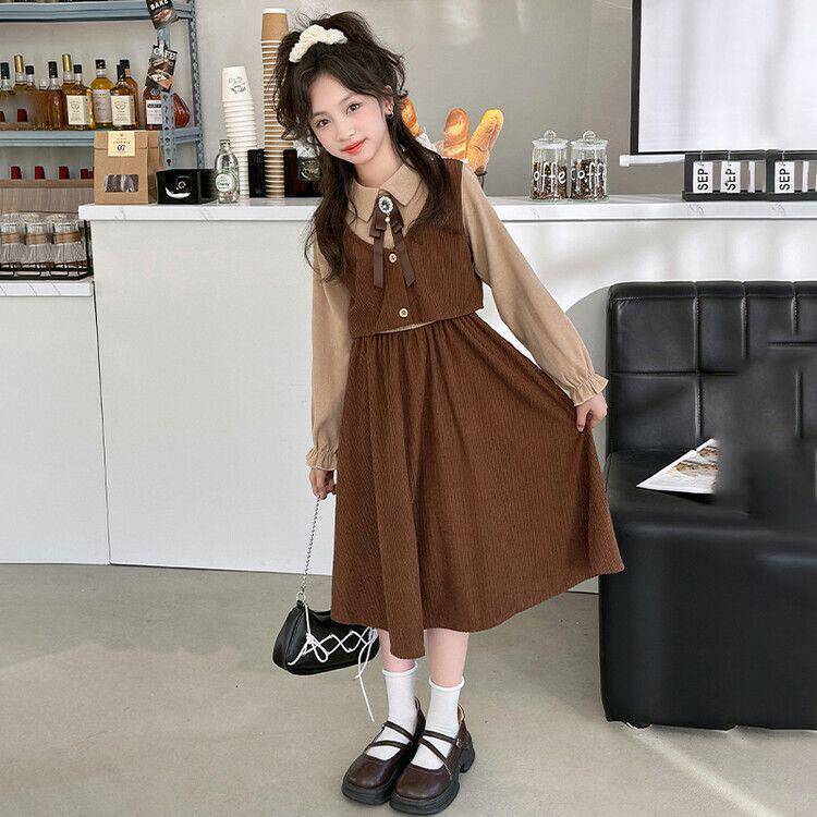 女童学院风连衣裙春季新款中大童翻领假两件衬衫裙长袖复古公主裙