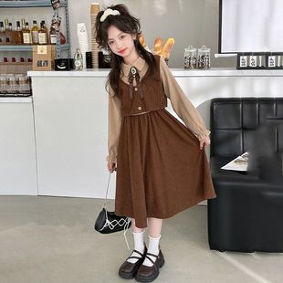 女童学院风连衣裙春季新款中大童翻领假两件衬衫裙长袖复古公主裙