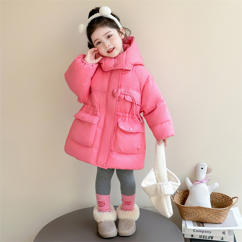 女童抽绳羽绒服冬季2025新款儿童洋气白鸭绒中长款女冬装外套P172，童装羽绒服，祺妙童装