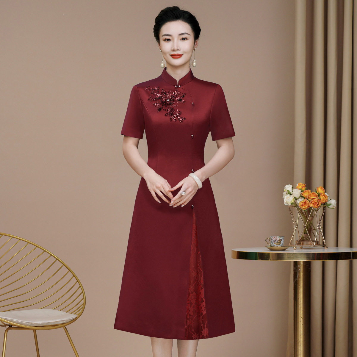 鸿韵绣新款女级感喜婆婆旗袍妈妈装婚礼国潮婚宴装结婚喜服气质