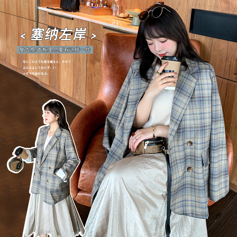 格子西服胖妹妹宽松西装外套