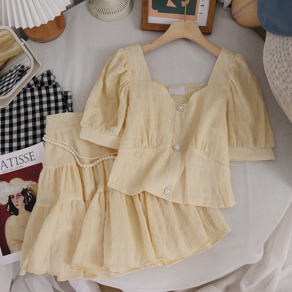 大码女装2021夏季新款胖妹妹小香风泡泡袖收腰显瘦遮肚A字两件套