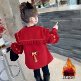 女小童外套秋冬款2025新款儿童加厚女冬季蝴蝶拜年服红色大衣P101，童装外套，祺妙童装