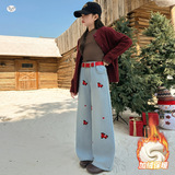 女童卡通刺绣牛仔裤2025年秋冬加绒新款中大童休闲阔腿裤直筒长裤，童装裤子，祺儿童装