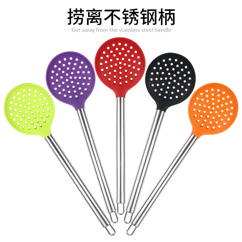 不锈钢柄硅胶捞篱 过滤油隔烹饪勺  不粘锅漏勺厨房工具
