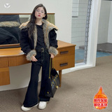 女童加绒牛仔裤2025年秋冬新款中大童纯色微喇裤百搭阔腿裤喇叭裤，童装裤子，祺儿童装