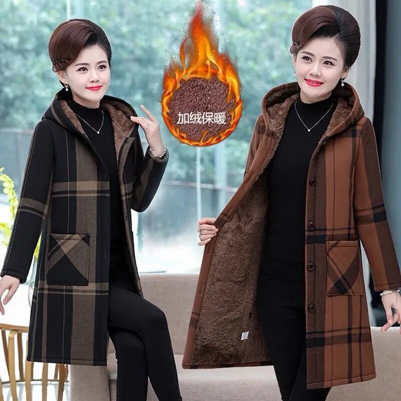 中老年妈妈装冬季加绒加厚中长款连帽棉衣女直筒棉服老年保暖棉服