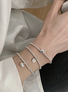 S925银手链女手串珠爱心方糖笑脸吊坠简约设计冷淡风气质款首饰品