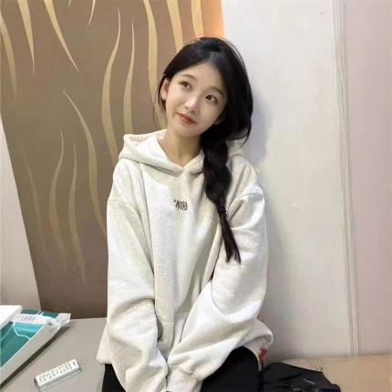 国潮牌灰色连帽卫衣女秋冬加绒加厚初中中生oversize慵懒风外套