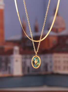 法式跨境十字光芒椭圆形七彩真贝壳吊坠钛钢镀金项链小众气质饰品