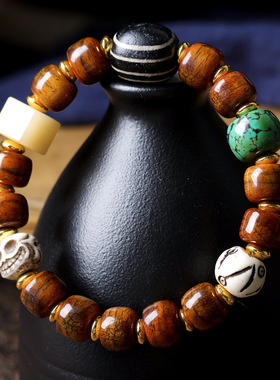 藏饰牦牛骨炸裂纹桶珠手链文玩一眼天珠鹿角民族手串直播货源