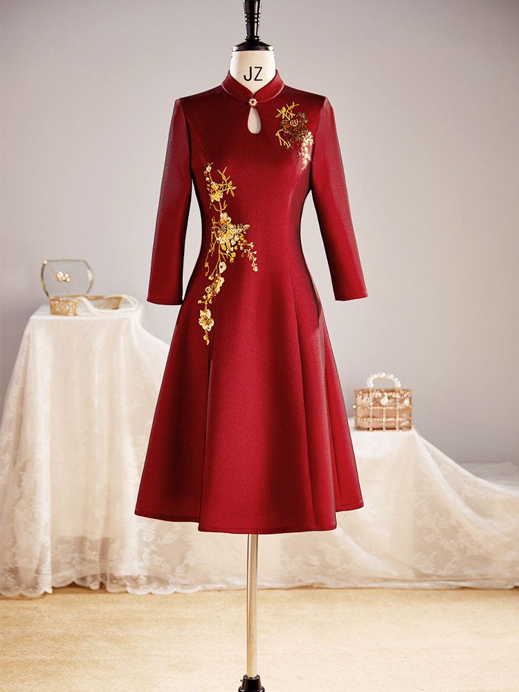 端喜婆婆婚宴装2022新款妈妈旗袍秋冬季长袖结婚晚礼服连衣裙
