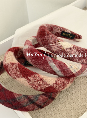 秋冬新款气质红色格纹毛呢发箍女圣诞新年红宽边头箍高颅顶压发卡