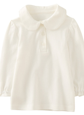 外贸出口韩法国欧美风格纯白色Polo翻领长袖T恤女儿童打底衫上衣