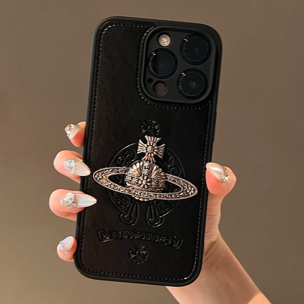 轻奢黑色皮纹质感手机壳星球