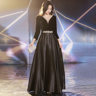 黑色晚禮服女2025新款 法式 宴會氣質(zhì)大氣連衣裙主持人藝考禮服