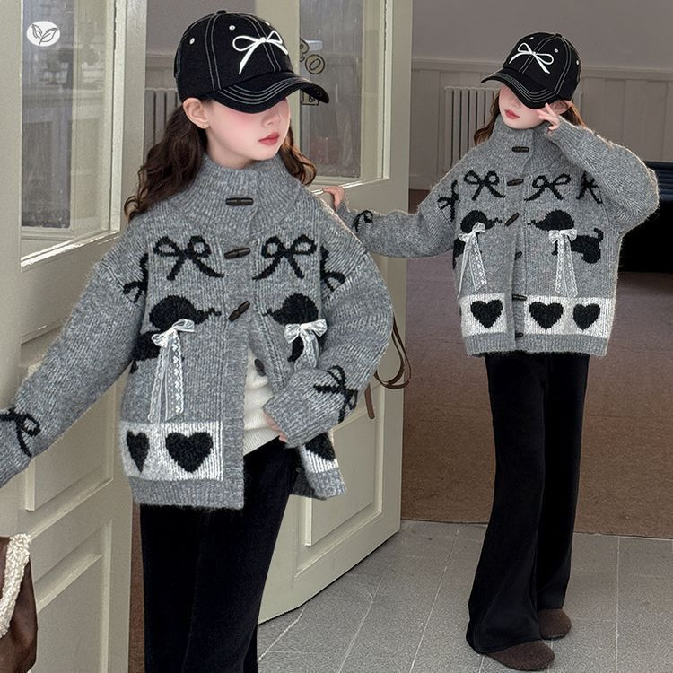 女童加厚毛衣外套2025秋冬新款中大童撞色提花牛角扣针织开衫韩系，童装毛衣，祺儿童装