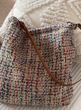 【YUU布包】新年款彩色毛线针织肩托特包女文艺小众皮带配饰