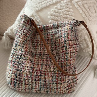 【YUU布包】新年款彩色毛线针织肩托特包女文艺小众皮带配饰