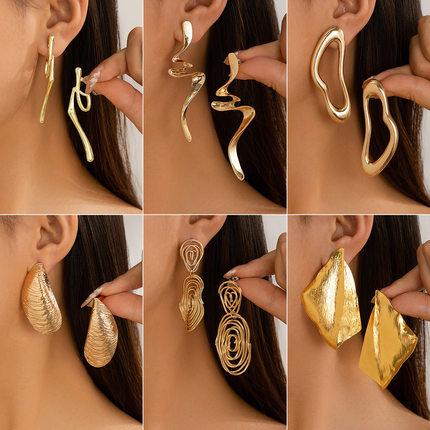 欧美跨境ins褶皱金属质感耳钉 夸张不规则earrings商务水滴耳饰品