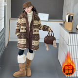 女童加厚外套2025年秋冬新款中大童森系提花连帽毛毛衣中长款棉衣，童装外套，祺儿童装