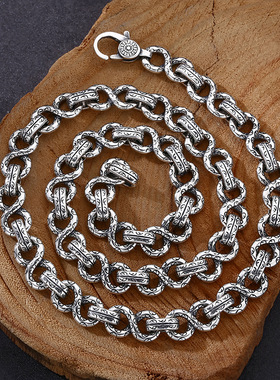 小众银饰男士s925纯银项链情侣唐草纹八字链拼接项链女银个性饰品