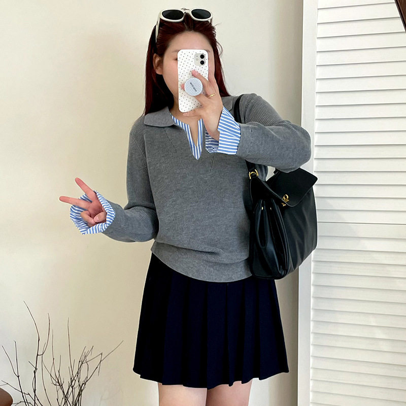假两件撞色拼接条纹针织衫设计感