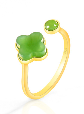 保真天然和田玉碧玉四叶草戒指玉石S925银镶女款时尚指环戒指首饰