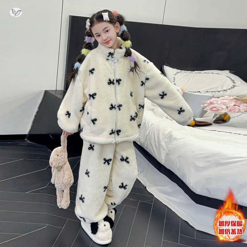 女童蝴蝶结家居服套装2025年冬季新款中大童加绒分体睡衣两件套潮，童装家居服（睡衣），祺儿童装