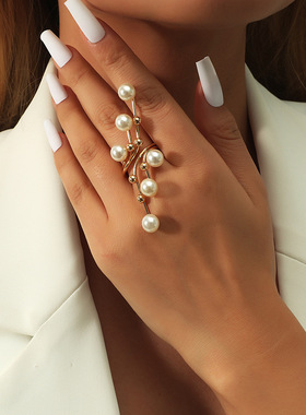 欧美时尚潮流珍珠几何戒指 个性夸张创意金色食指RING指环