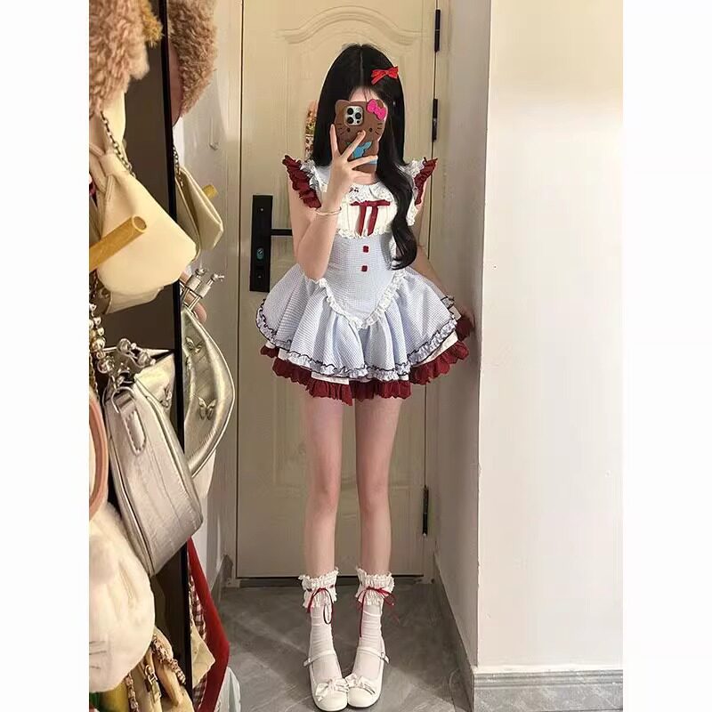 甜美樱桃丸子蓝色格纹连衣裙撞色拼接花边娃娃领收腰蓬蓬公主裙子