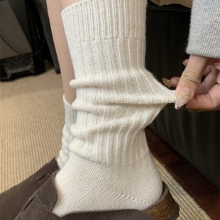 韩国女袜羊毛小腿袜秋冬加厚袜子日系网红双针纯色坑条中筒堆堆袜