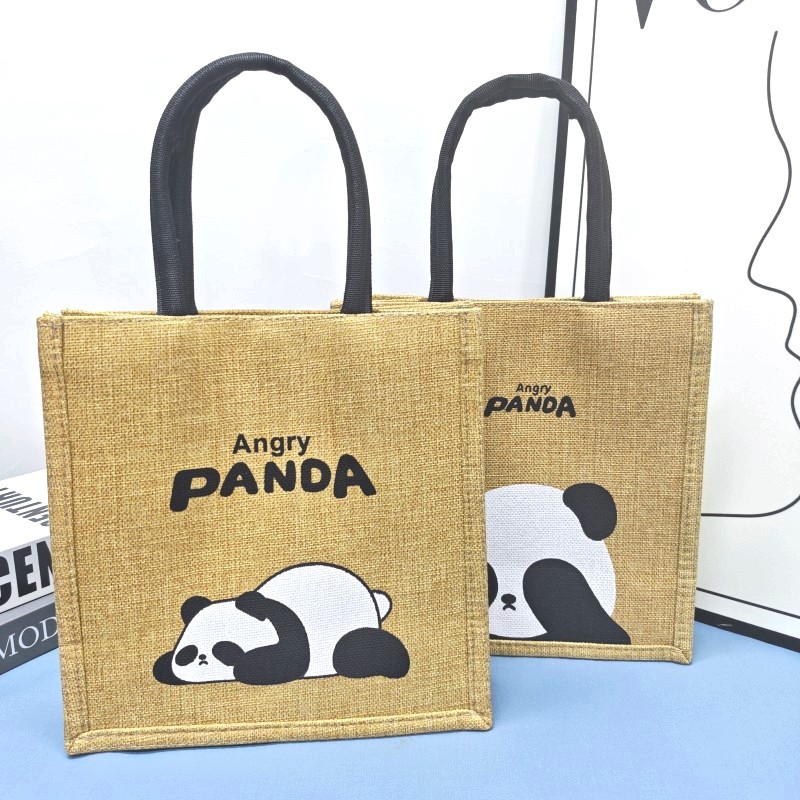 熊猫印花手提袋亚麻手提购物袋大容量便当包女上班复古麻布伴手礼