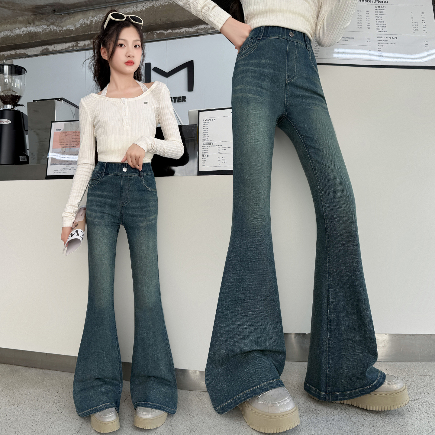 女童复古微喇裤韩版2025春秋季新款牛仔裤中大童修身拖地裤长裤潮，童装裤子，祺儿童装